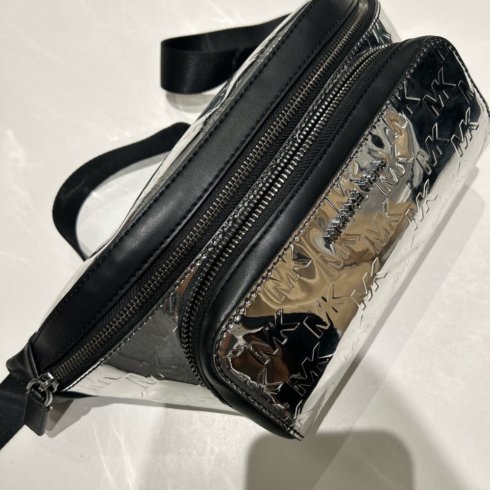 Michael Kors Cooper Men Small Ombré MK Logo Sling Pack Utility Belt Bag silver